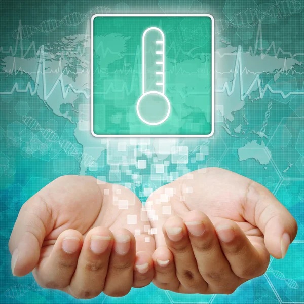 Thermometer Symbol on hand ,medical background — Stock Photo, Image