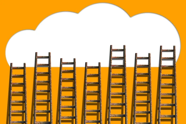주황색 벽, 경쟁 개념에 사다리와 구름 — 스톡 사진