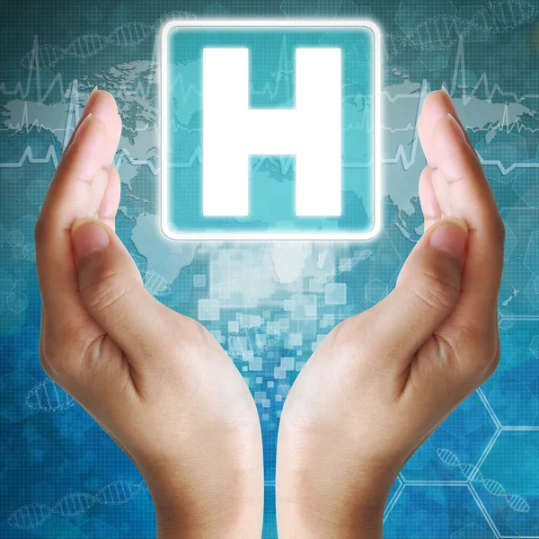 Icono del hospital en la mano, antecedentes médicos —  Fotos de Stock