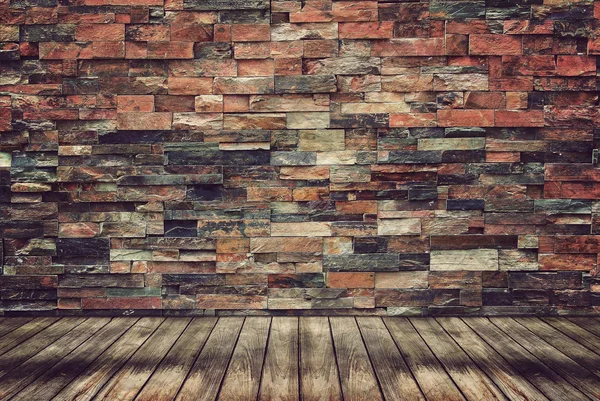 Empty wood floor and brick wall for Vintage wallpaper — Stock Photo, Image