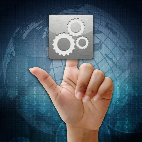 In press team work icon on global background — Stock Photo, Image