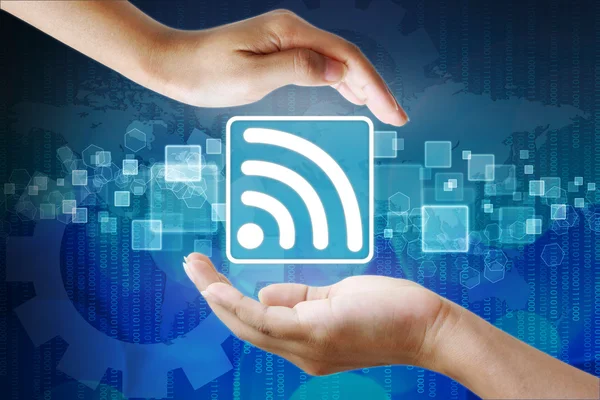 WiFi symbol i hand business bakgrund — Stockfoto