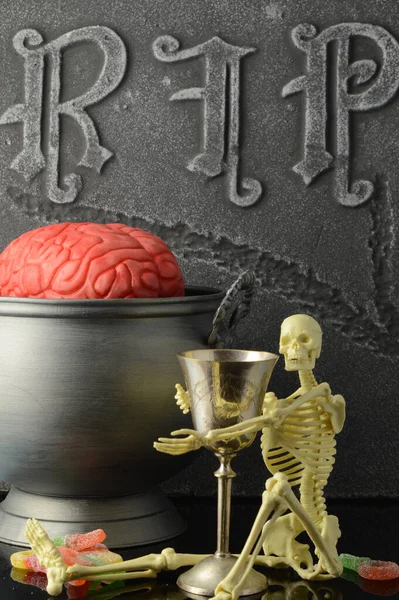 Scene Halloween Trick Treats Candy Skeleton Holding Drink — Stock Photo, Image