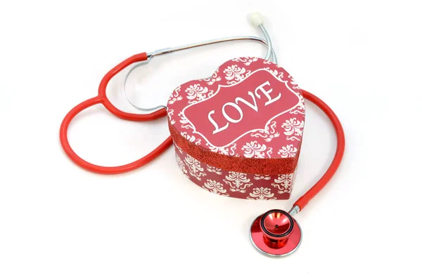 Stethoscope Love Concept Using Red Gift Box White Background — Stock Photo, Image