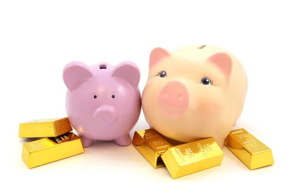 Two Pig Coin Banks Gold Bullion Bars Isolated White Background — Stock Photo, Image