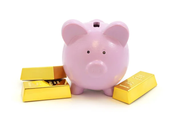 Pink Pig Coin Bank Gold Bullion Bars White Background — Stock Photo, Image