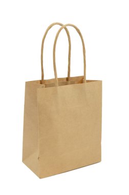 Üzerinde sapları olan kahverengi bir kesekağıdının izole edilmiş beyaz görüntüsü.