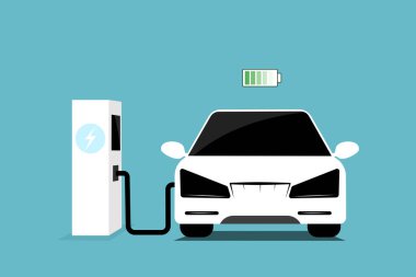 Şarj istasyonunda elektrikli arabanın düz vektör çizimi. Elektrohareketlilik konsepti.