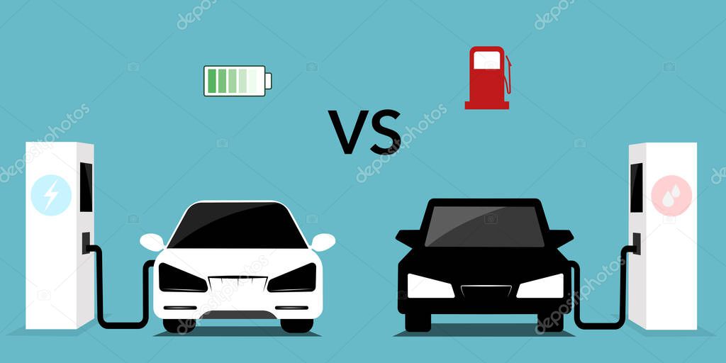 Flat vector illustration of a green electric car charging at the charger station. Electromobility e-motion concept.