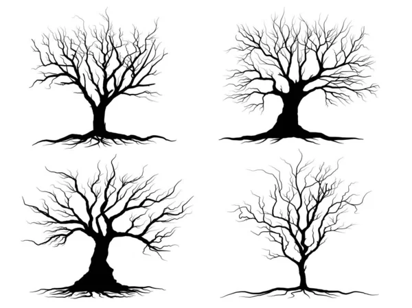 Set Black Branch Tree Oder Nackte Bäume Und Wurzelsilhouetten Handgezeichnete — Stockvektor