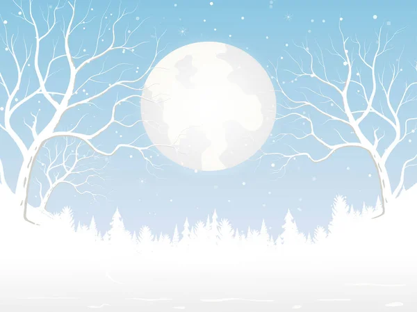 Полнолуние Фоне Белоснежного Леса Зимнего Сезона Рождественского Фестиваля Иллюстрации Вручную — стоковый вектор
