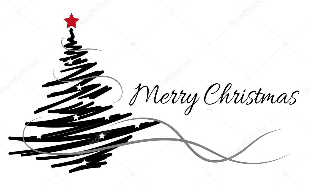 Christmas card with a simple Christmas tree on white background. Hand drawn isolated illustrations.