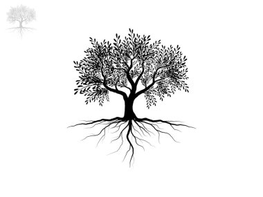Yapraklı siyah ağaçlar ve kökler güzel ve ferahlatıcı görünüyor. Ağaç ve kökler LOGO biçimi.