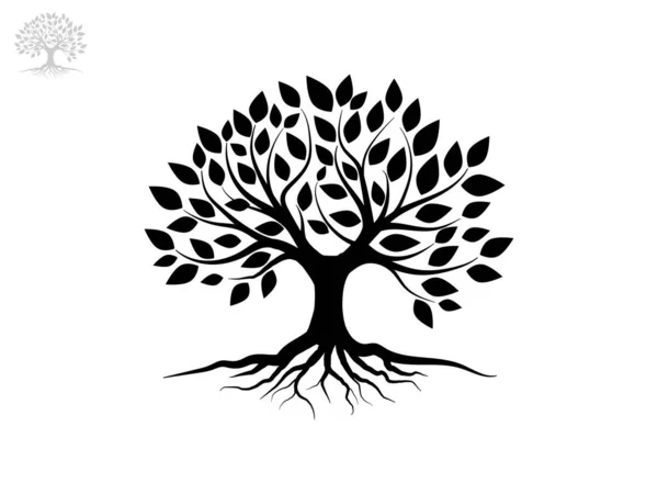 Siyah ağaçlar ve yapraklı kökler beyaz arka planda güzel görünüyor. Ağaç ve kökler LOGO biçimi.