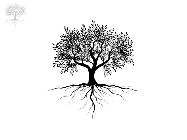 Yapraklı siyah ağaçlar ve kökler güzel ve ferahlatıcı görünüyor. Ağaç ve kökler LOGO biçimi.