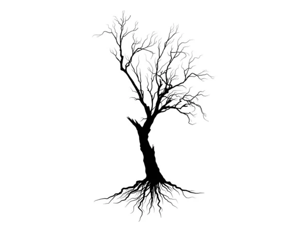Чёрное Ветвистое Дерево Голые Деревья Корневые Силуэты Иллюстрации Вручную — стоковый вектор