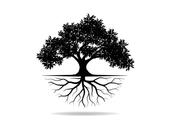 Yapraklı siyah ağaçlar ve kökler güzel ve ferahlatıcı görünüyor. Ağaç ve kökler LOGO biçimi.