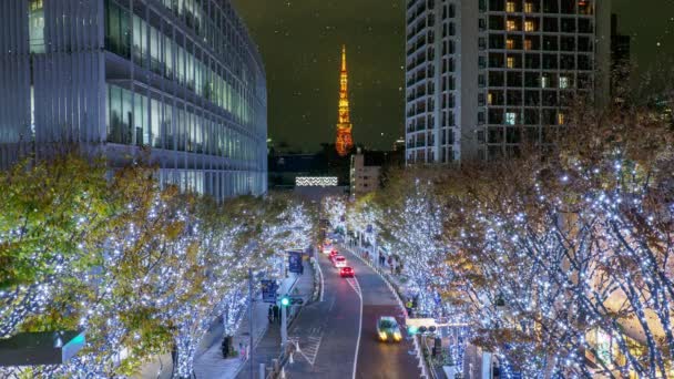 Syntetické Tokyo Sněžení Noční Pohled Pohyb Grafiky — Stock video