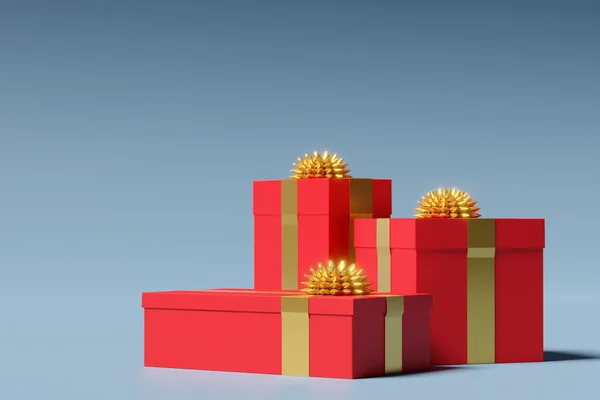 在漂亮的红色包装盒中的礼物的3D插图 在轻薄的背景上的缎带弓 假日属性 礼品集 — 图库照片