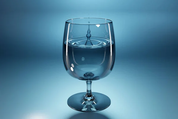 一个3D滴的水滴在蓝色背景的玻璃杯中的例子 玻璃现实的例证 — 图库照片