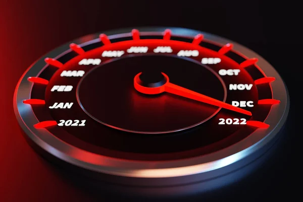 3Dイラストは カットオフ2021 2022とカレンダーヶ月で黒の速度計を閉じます 自動車分野での新年とクリスマスの概念 数ヶ月 新しい年までの時間 — ストック写真