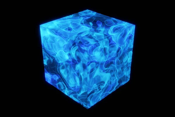 Ilustração Iluminação Cubo Com Uma Fumaça Azul Fundo Isolado Preto — Fotografia de Stock