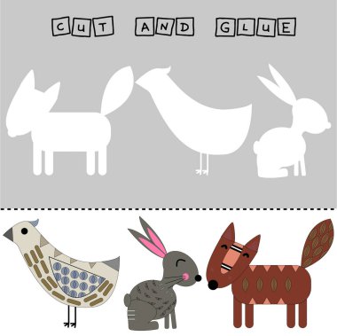 Çalışma tablosu vektör tasarımı, görev renkli kuş, tavşan ve tilki üzerine bir parça kesip yapıştırmak. Çocuklar için mantık oyunu.