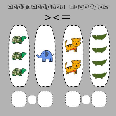 Bu da komik kaplumbağalar, filler, kaplanlar ve timsahlarla büyük, az ya da çok eşit bir oyun. Anaokulu çocukları için çalışma listesi, aktivite listesi, basılabilir çalışma tablosu 