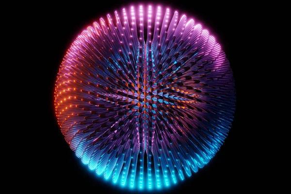 3D illustration of a  pink and blue   metal    ball  with many faces and spikes, crystals scatter  under neon lights  on a  black  background.  Cyber ball sphere