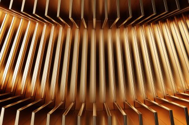 Altın neon çizgilerinin 3d çizimi. Mavi arka planda bir desen var. Geometrik arkaplan, kalıp. 