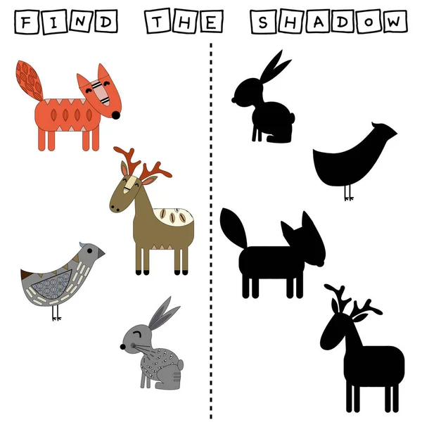 Find Pair Shadow Game Funny Deer Rabbits Fox Bird Worksheet — Stock Photo, Image