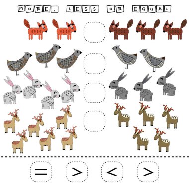 Çocuklar için gelişen aktiviteler, daha fazla geyik, tilki, kuş ve tavşanı karşılaştırın. Çocuklar için mantık oyunu, matematiksel eşitsizlikler.