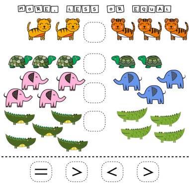 Bu da komik kaplumbağalar, filler, kaplanlar ve timsahlarla büyük, az ya da çok eşit bir oyun. Anaokulu çocukları için çalışma listesi, aktivite listesi, basılabilir çalışma tablosu 
