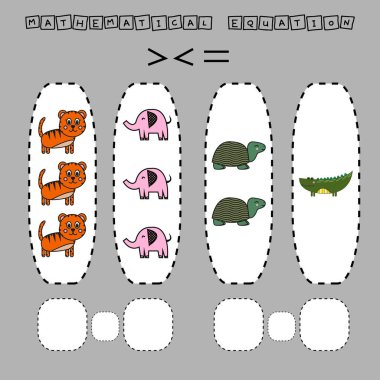 Çocuklar için gelişen aktiviteler, daha fazla kaplumbağa, fil, kaplan, timsah karşılaştırın. Çocuklar için mantık oyunu, matematiksel eşitsizlikler.