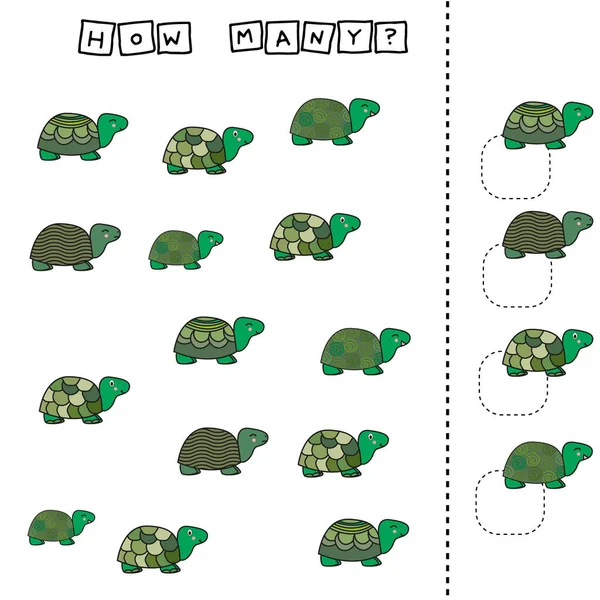 Hur Många Räkna Spel Med Roliga Sköldpaddor Kalkylblad För Förskolebarn — Stockfoto