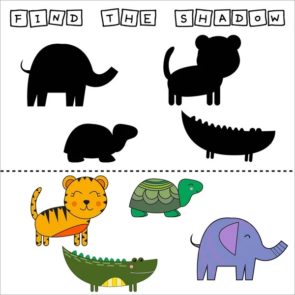 Find Pair Shadow Game Funny Tiger Elephant Turtle Crocodile Worksheet — Stock Photo, Image