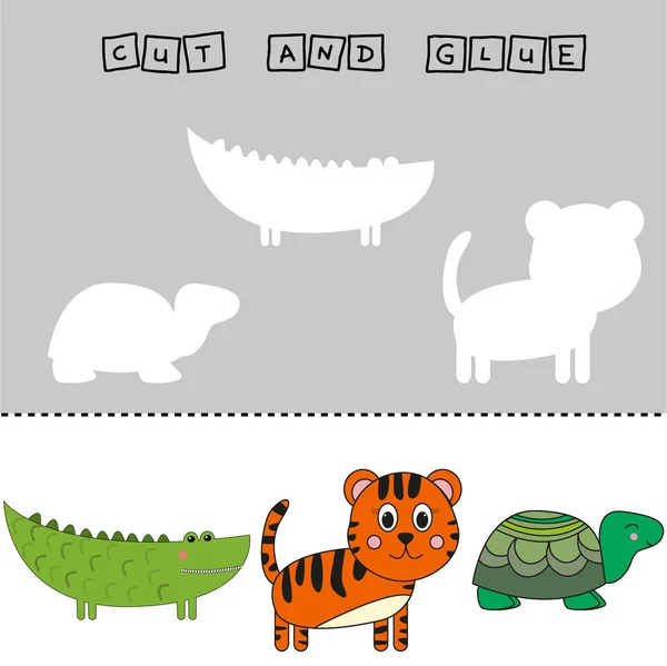 ワークシートベクトルの設計作業はカラフルなワニ虎亀のピースを切断して接着することです 子供のためのロジックゲーム — ストック写真