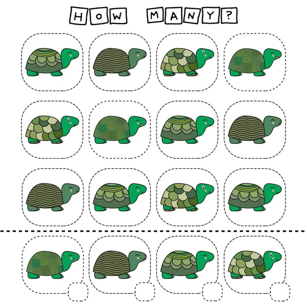 How many counting game with funny turtles. Worksheet for preschool kids, kids activity sheet, printable worksheet