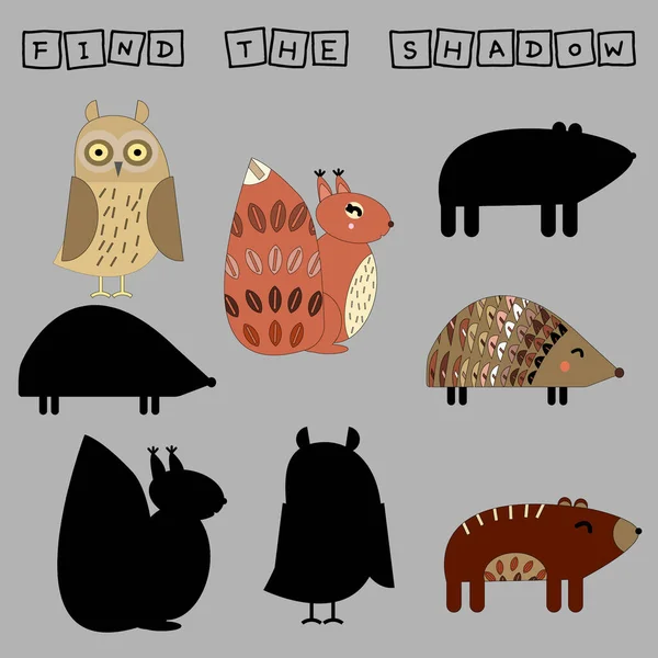 Find Pair Shadow Game Funny Hedgehog Squirrel Owl Worksheet Preschool — Stock Photo, Image