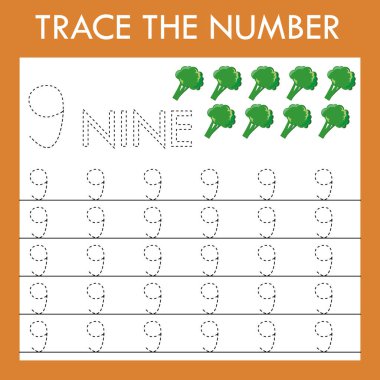 Dokuz numaranın çizgilerini brokoli ile takip etme oyunu. Okul öncesi çalışma tablosu, çocukların faaliyet tablosu, basılabilir çalışma tablosu