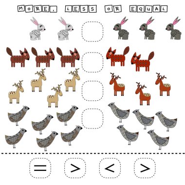 Bu da komik geyikler, tilkiler, kuşlar ve tavşanlarla daha büyük, daha az ya da daha eşit bir oyun. Anaokulu çocukları için çalışma listesi, aktivite listesi, basılabilir çalışma tablosu