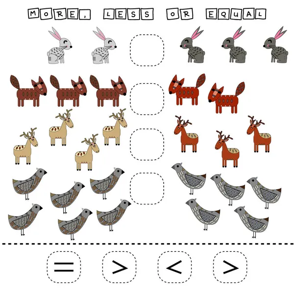 Ami Nagyobb Kisebb Vagy Egyenlő Játék Vicces Szarvasokkal Rókákkal Madarakkal — Stock Fotó