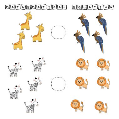 Çocuklar için gelişen aktiviteler, hangi zürafaları, papağanları, zebraları, aslanları karşılaştırın. Çocuklar için mantık oyunu, matematiksel eşitsizlikler.