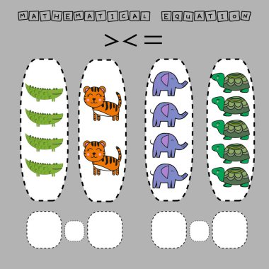 Çocuklar için gelişen aktiviteler, daha fazla kaplumbağa, fil, kaplan, timsah karşılaştırın. Çocuklar için mantık oyunu, matematiksel eşitsizlikler.