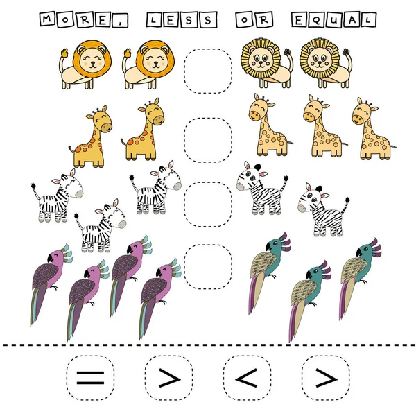 子供のための活動を開発し より多くのキリン オウム シマウマ ライオンを比較します 子供のためのロジックゲーム 数学的不平等 — ストック写真