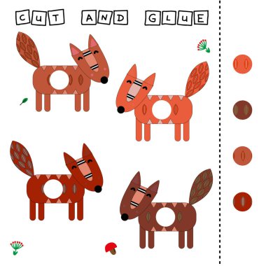 Çocuklar için bir etkinlik geliştirme görevi renkli şirin tilkiler üzerine bir parça kesip yapıştırmak. Çocuklar için mantık oyunu.