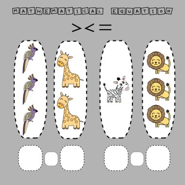 Bu da komik zürafalar, papağanlar, zebralar ve aslanlarla az ya da çok eşit bir oyun. Anaokulu çocukları için çalışma listesi, aktivite listesi, basılabilir çalışma tablosu 