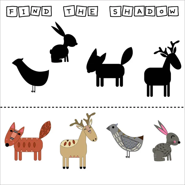 Find Pair Shadow Game Funny Deer Rabbits Fox Bird Worksheet — Stock Photo, Image