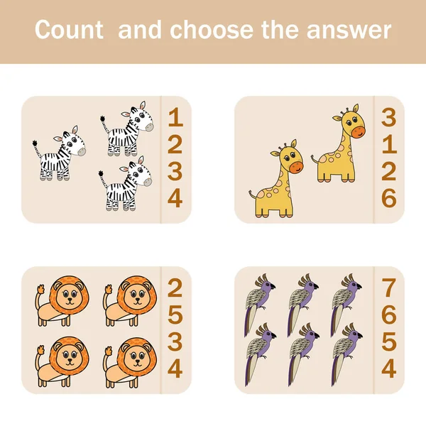 Скільки Рахувати Гру Кумедними Лісовими Жирафами Папугами Зебрами Левами Дошкільний — стокове фото