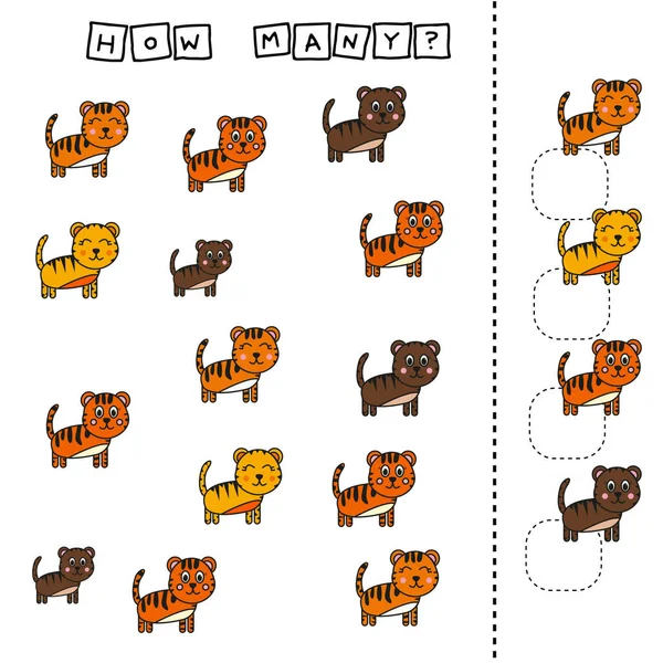 Hur Många Räkna Spel Med Roliga Tigrar Kalkylblad För Förskolebarn — Stockfoto